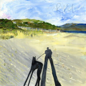 Oil Painting by Artist Rita Moseley - Long shadows with the bear on the beach