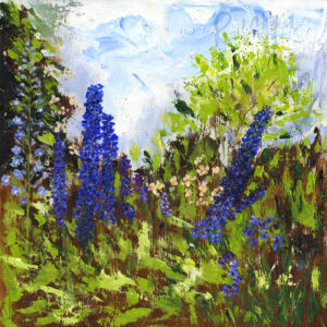Delphiniums in Cotswold Garden - Oil Painting by Artist Rita Moseley
